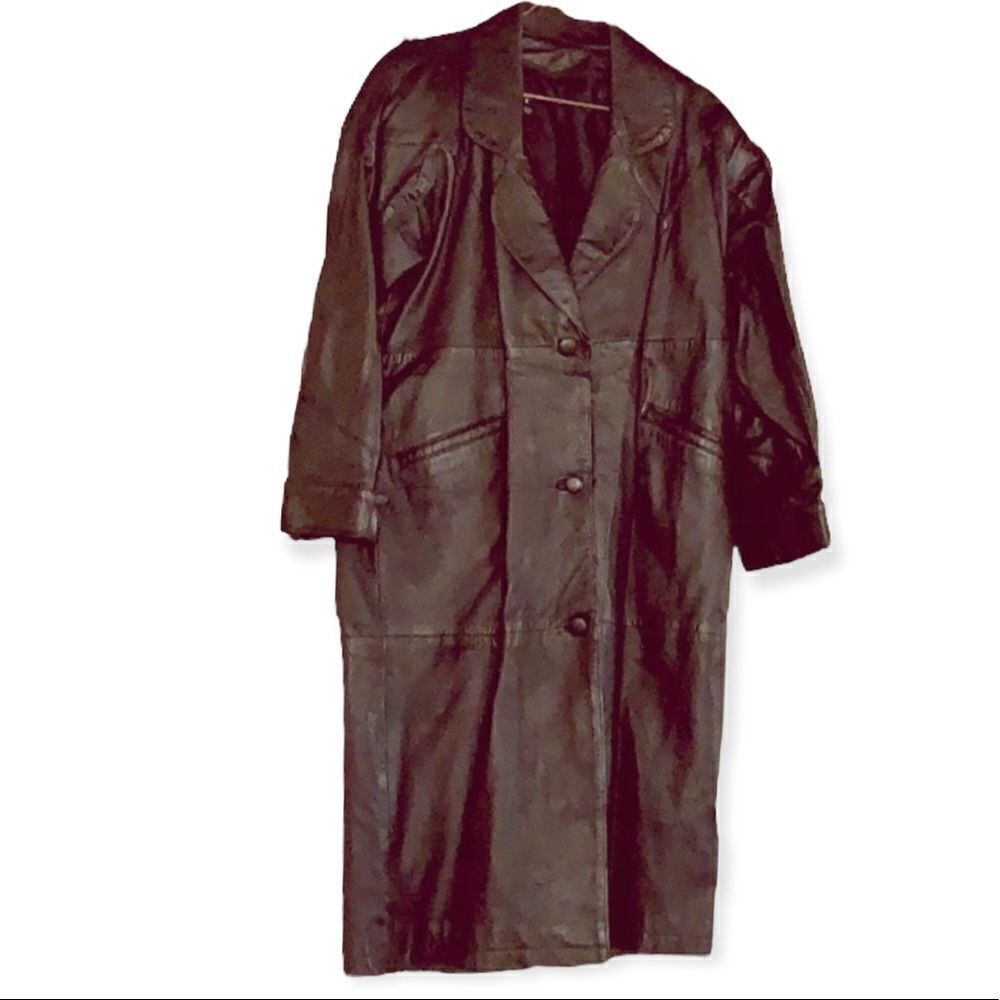 Vintage 70’s 80’s Missy Black 100% Leather Button Full Length Trechcoat Sz M
